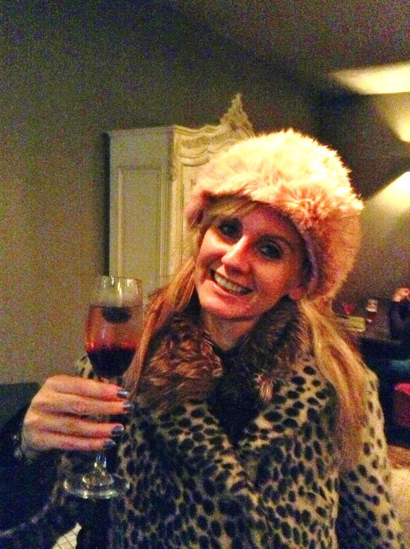 Clarabelle wearing her new pink hat.